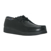 Mens Black Coated Leather Two Eyelet Lace Shoe with Apron Front and Check Lining on a Flat Wedge Sole. (Click For Details)