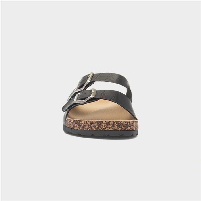 Abby Womens Black Double Buckle Mule Sandal