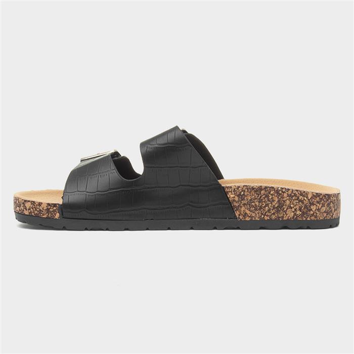 Abby Womens Black Double Buckle Mule Sandal