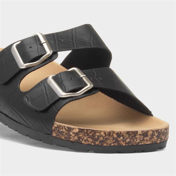 Abby Womens Black Double Buckle Mule Sandal