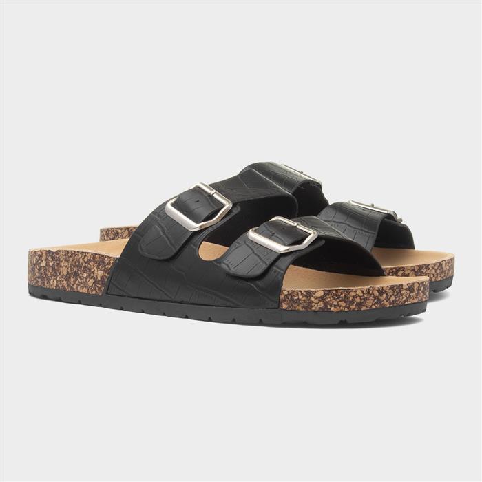 Abby Womens Black Double Buckle Mule Sandal