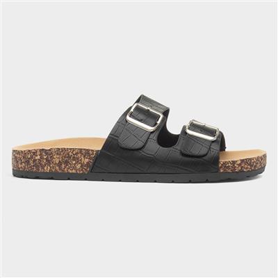 Abby Womens Black Double Buckle Mule Sandal