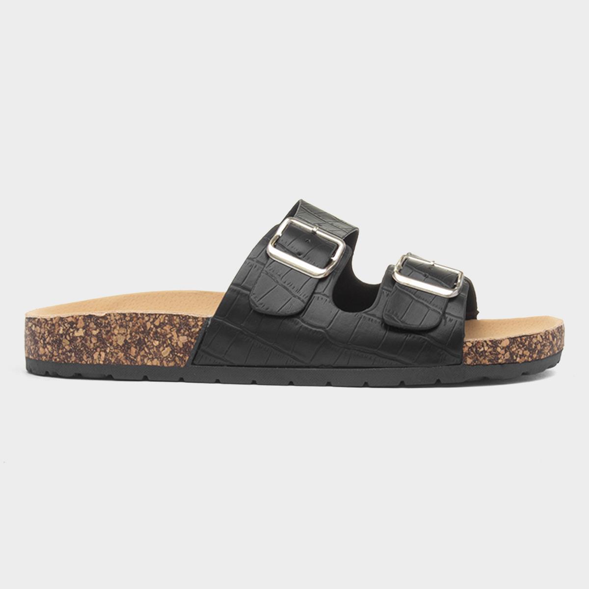 Abby Womens Black Double Buckle Mule Sandal