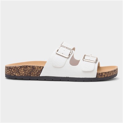 Abby Womens White Double Buckle Mule Sandal
