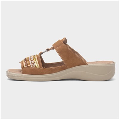Gemma Womens Camel T-Bar Mule Sandal