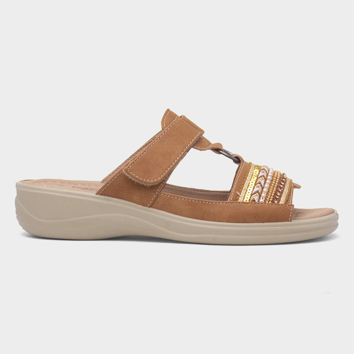 Gemma Womens Camel T-Bar Mule Sandal