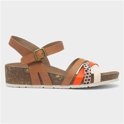 Selina Womens Camel Strappy Wedge Sandal