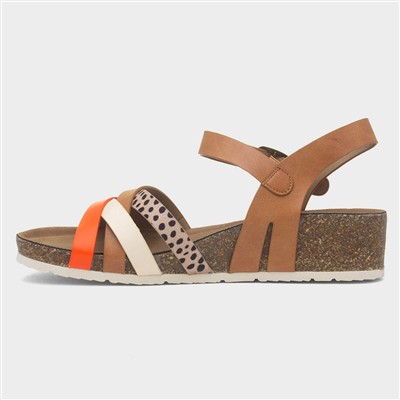 Selina Womens Camel Strappy Wedge Sandal