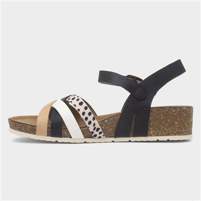 Selina Womens Black Strappy Wedge Sandal