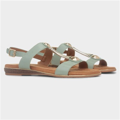 Renoir Womens Sage T-Bar Embellished Sandal