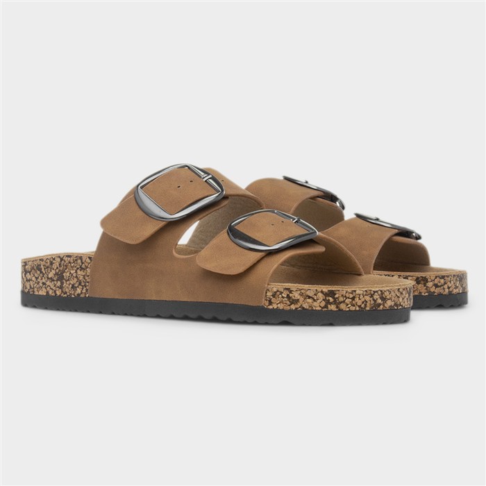 Rondo Womens Tan Double Buckle Mule Sandal