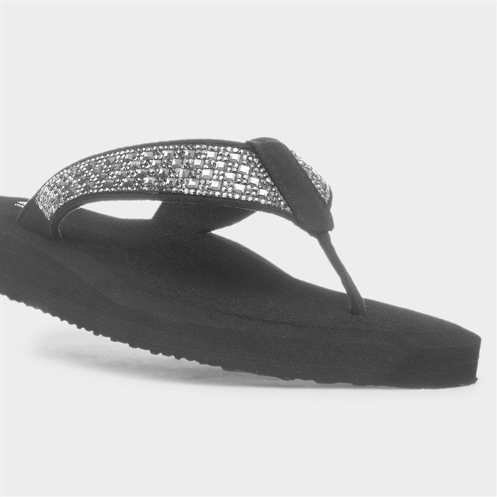 Womens Black Diamante Toe Post Sandal