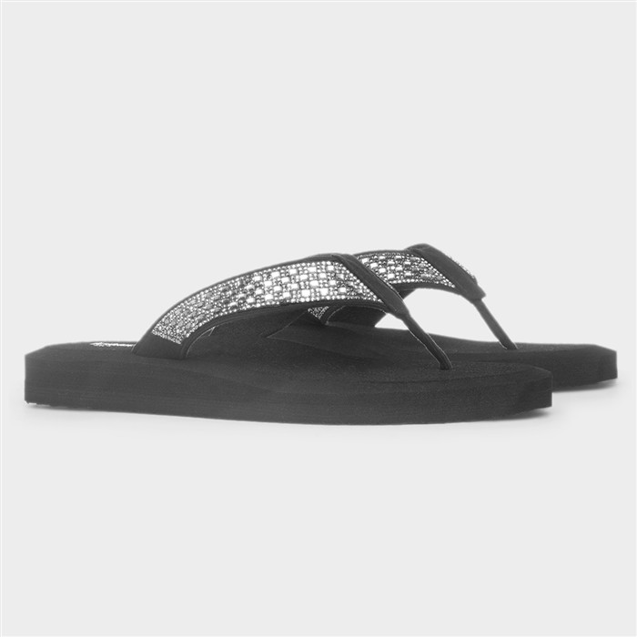 Womens Black Diamante Toe Post Sandal