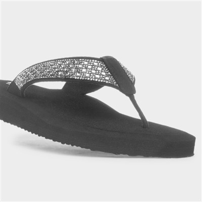 Womens Black Diamante Toe Post Sandal