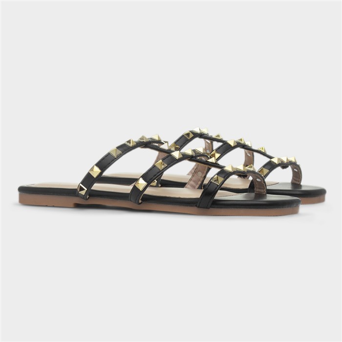 Keira Womens Black Strappy Stud Mule Sandal
