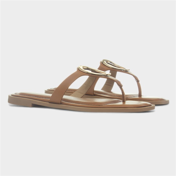 Su Womens Tan Flat Toe Post Sandal