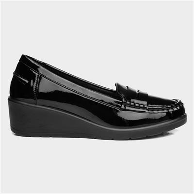 Womens Black Patent Wedge Loafer Shoe