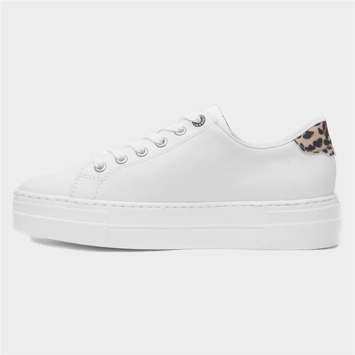 Womens White Leather Leopard Print Zip Shoe