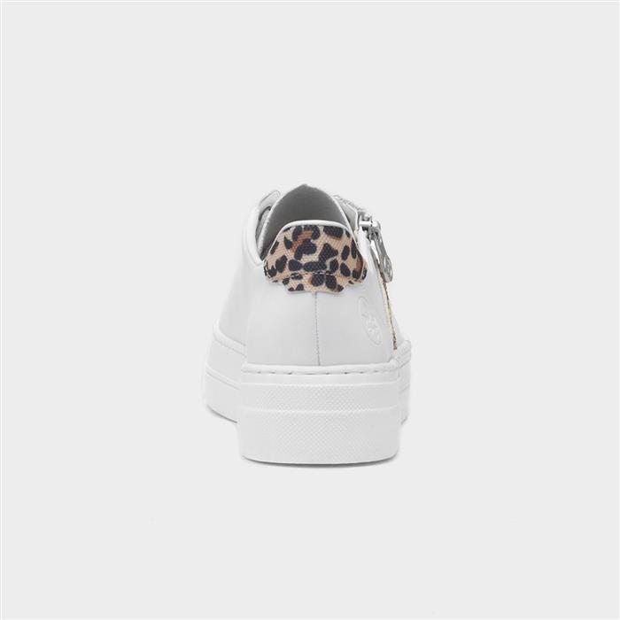 Womens White Leather Leopard Print Zip Shoe