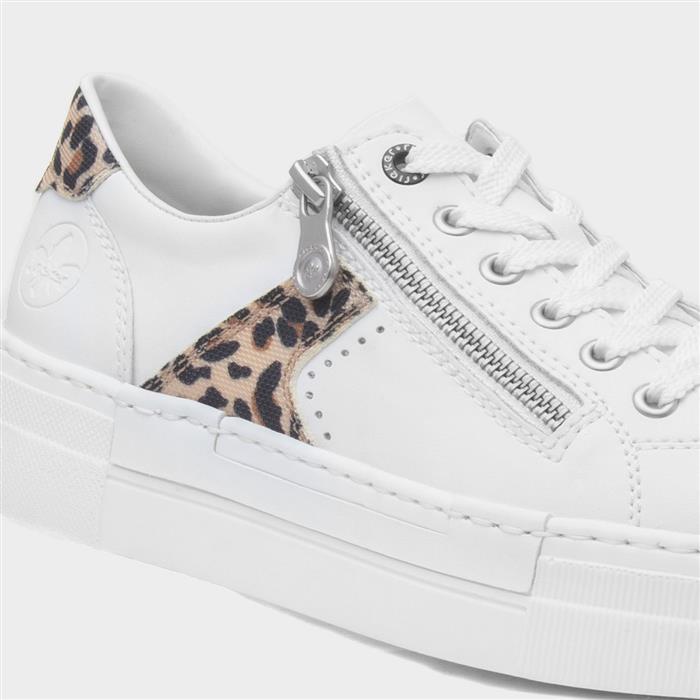 Womens White Leather Leopard Print Zip Shoe