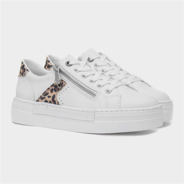Womens White Leather Leopard Print Zip Shoe