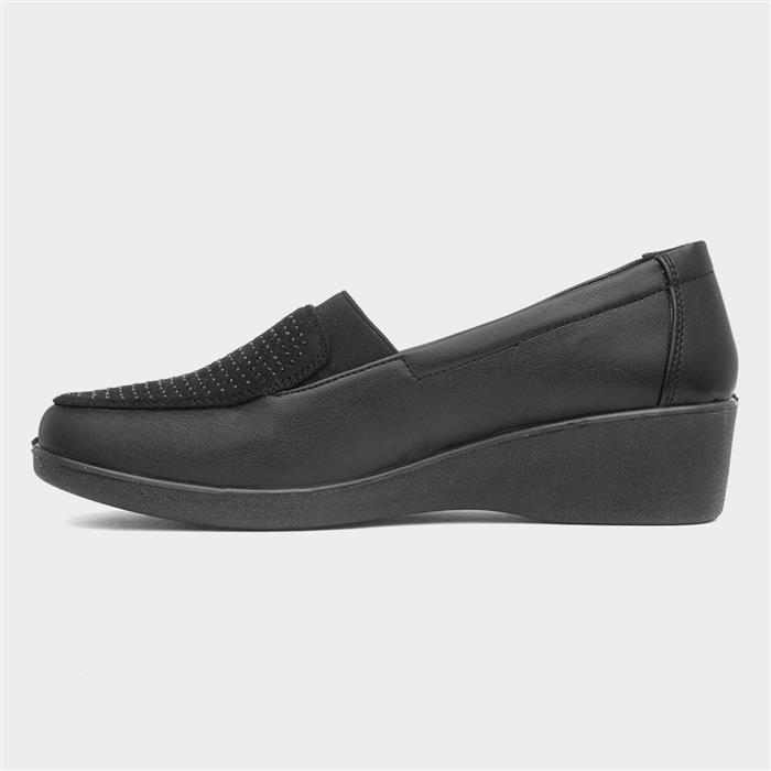Womens Black Slip On Wedge Diamante Shoe