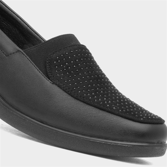 Womens Black Slip On Wedge Diamante Shoe