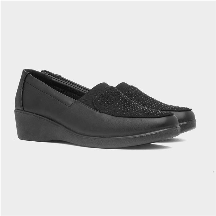 Womens Black Slip On Wedge Diamante Shoe