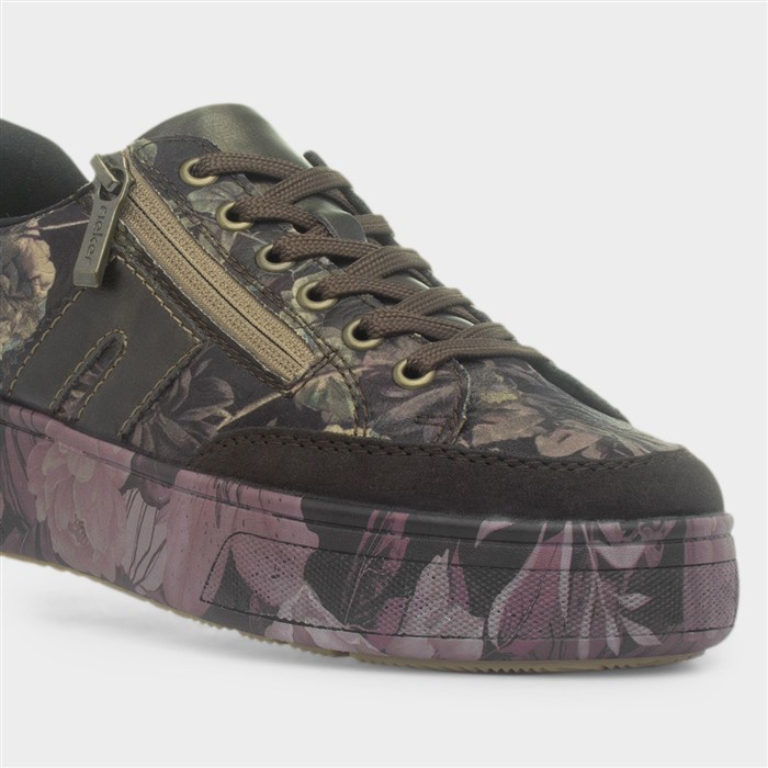 Womens Brown Floral Lace Up Trainer