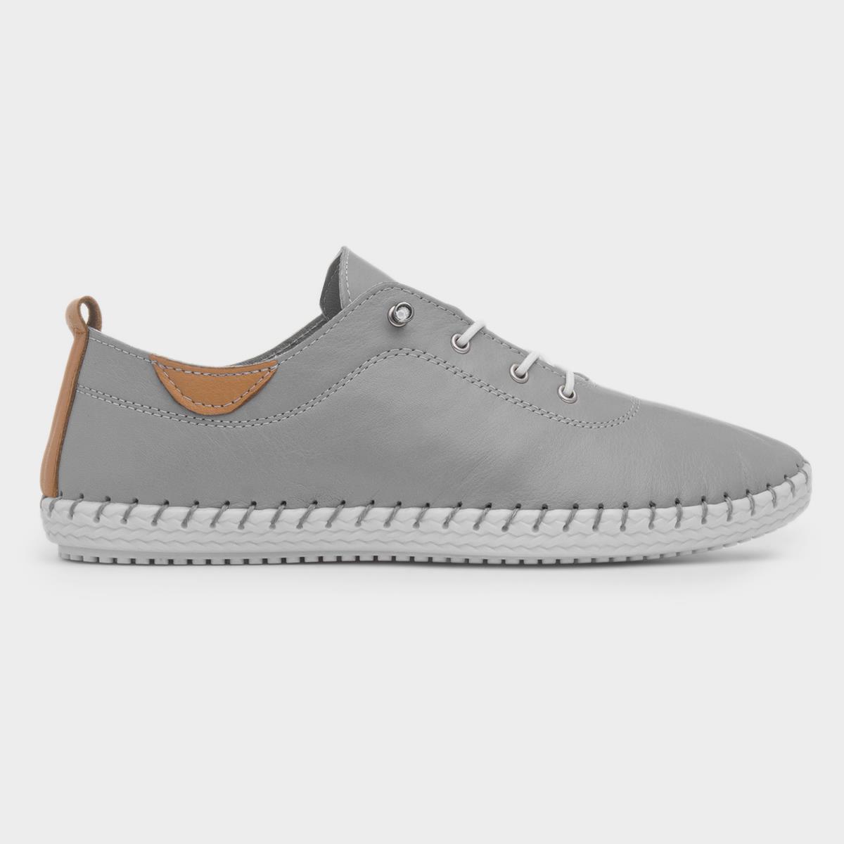 St Ives Womens Light Grey Flat Leather Shoe