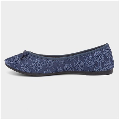 Womens Navy Lace Slip On Ballerina