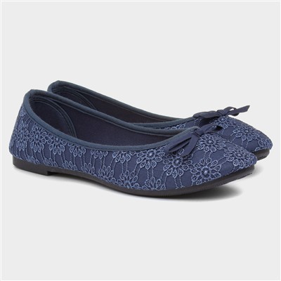 Womens Navy Lace Slip On Ballerina