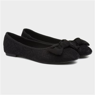 Womens Black Lacey Large Bow Ballerina