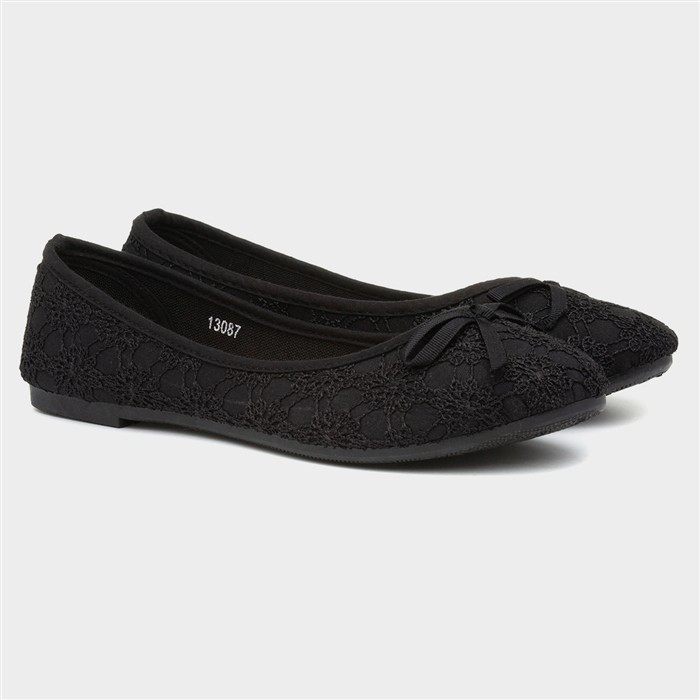 Womens Black Lace Slip On Ballerina Shoe