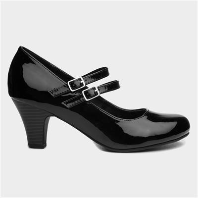 Womens Black Patent Double Strap Court Shoe
