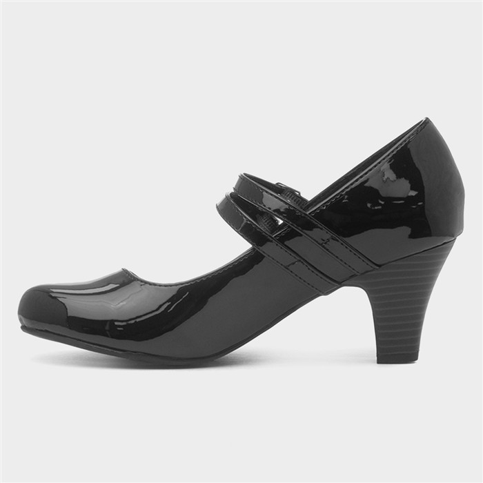 Womens Black Patent Double Strap Court Shoe
