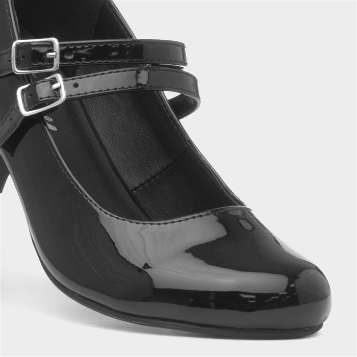 Womens Black Patent Double Strap Court Shoe