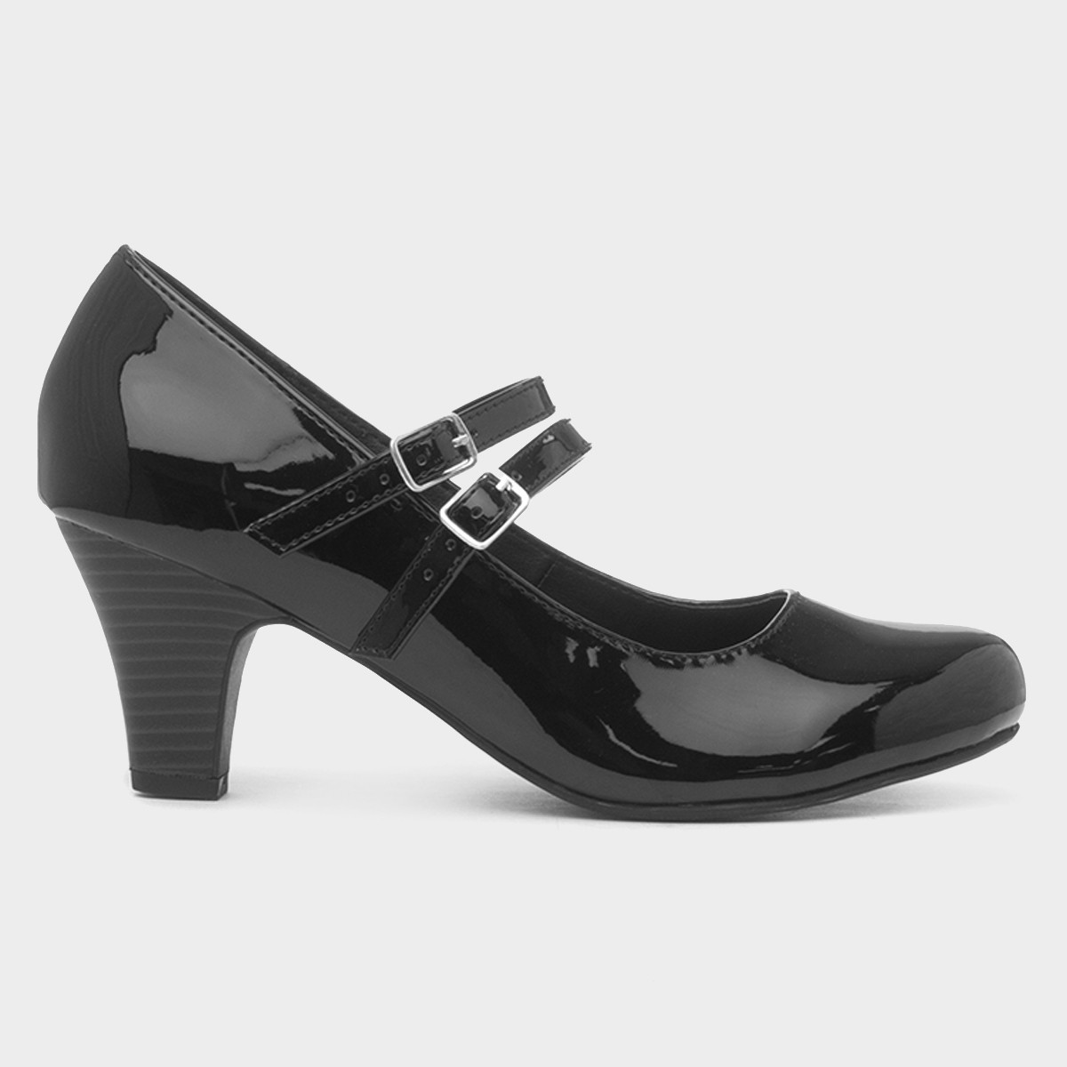 Womens Black Patent Double Strap Court Shoe