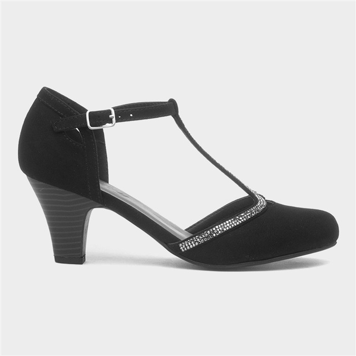 Womens Black Diamante T-Bar Court Shoe