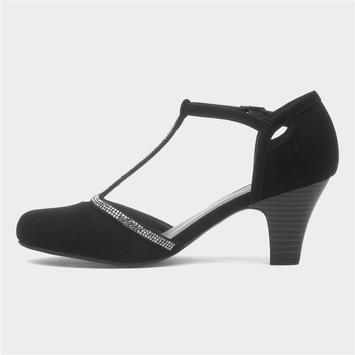 Womens Black Diamante T-Bar Court Shoe