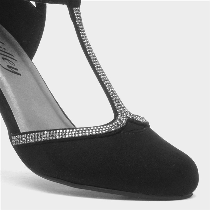 Womens Black Diamante T-Bar Court Shoe