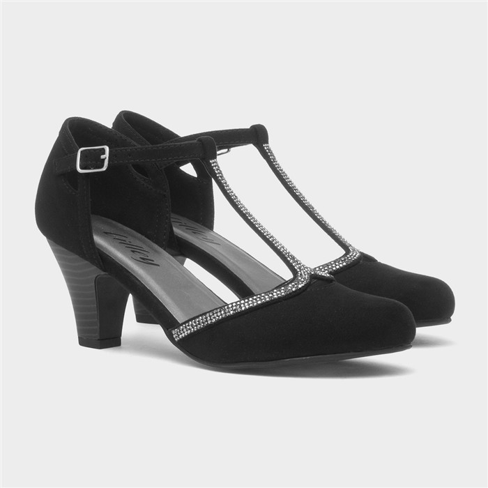 Womens Black Diamante T-Bar Court Shoe