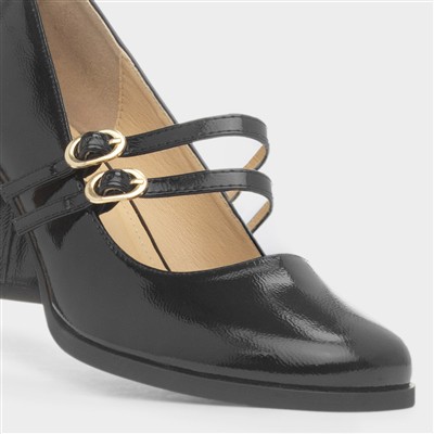 Womens Black Patent Buckle Court Shoe