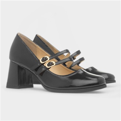 Womens Black Patent Buckle Court Shoe