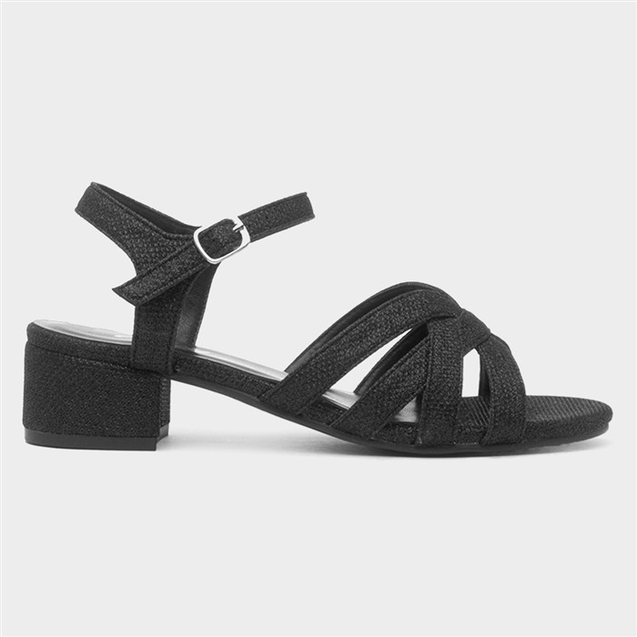 Womens Black Glitter Heeled Strappy Sandal