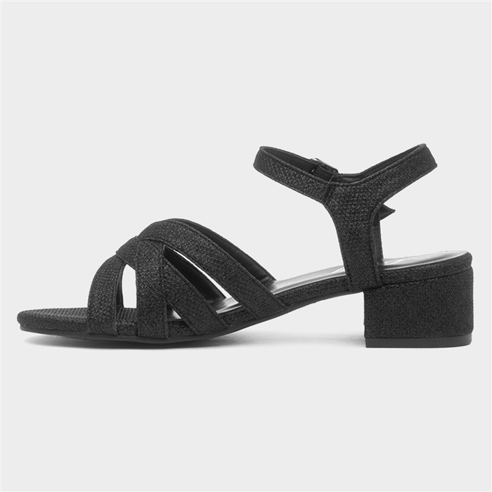 Womens Black Glitter Heeled Strappy Sandal
