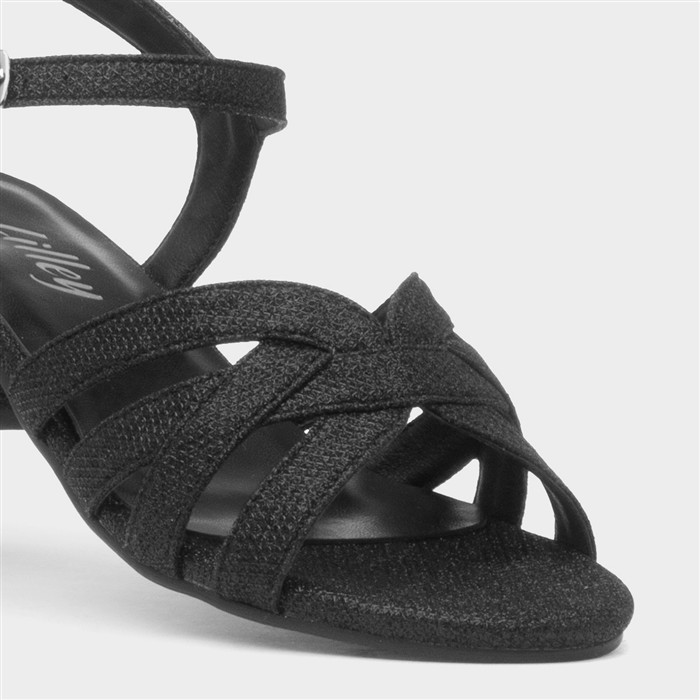 Womens Black Glitter Heeled Strappy Sandal