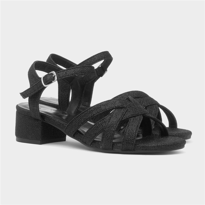 Womens Black Glitter Heeled Strappy Sandal