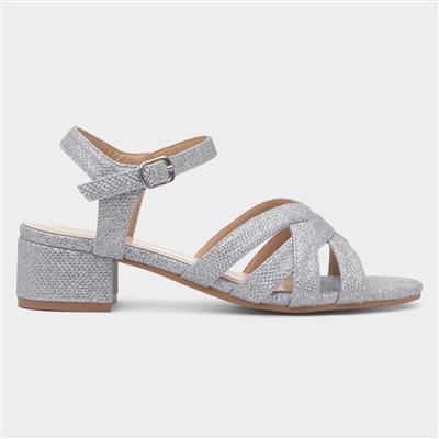Womens Silver Glitter Heeled Strappy Sandal