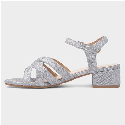 Womens Silver Glitter Heeled Strappy Sandal